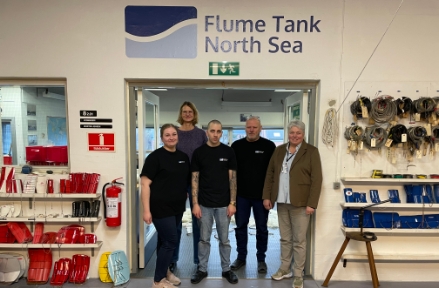 The staff in Flume Tank North Sea. From left: Viktoria Max-Jakobsen, CEO Hanne Kvist, Dennis R. Poulsen, Morten Holm Jensen and Mette Hyldgaard Roussis..